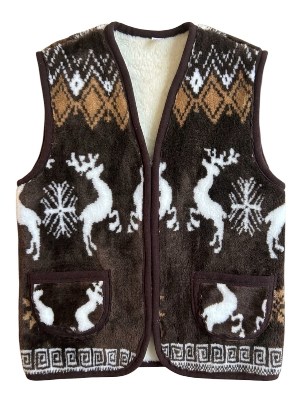 Vintage Fair Isle Reindeer Fleece Vest Boho Sherpa Lined Gilet Brown Size XL